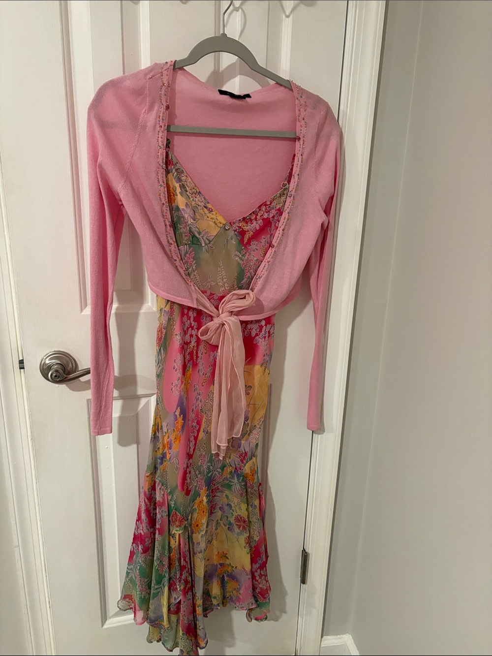 Pink Floral V-Neck Maxi Dress with Tie Waist
